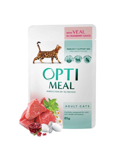 OptiMeal Adult Υγρή Τροφή για Ενήλικες Γάτες σε Φακελάκι με Μοσχάρι και Cranberry 85gr